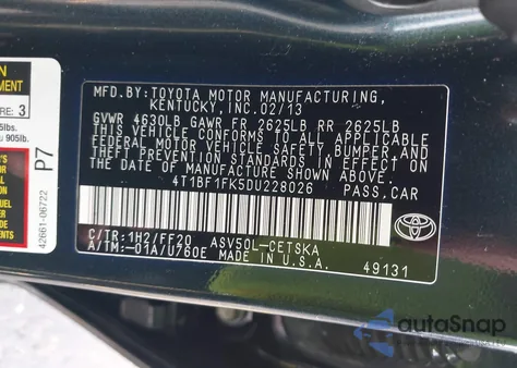 2013 Toyota Camry Se from USA, damaged, VIN 4T1BF1FK5DU228026